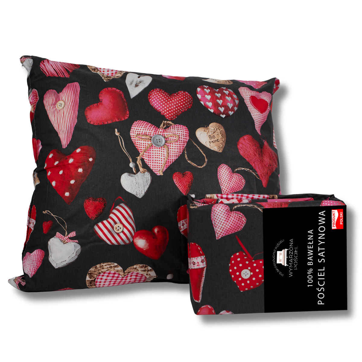 Pościel 160x200 Bawełniana WALENTYNKOWA Czarna SERCA KOMPLET Poszewki 70x80